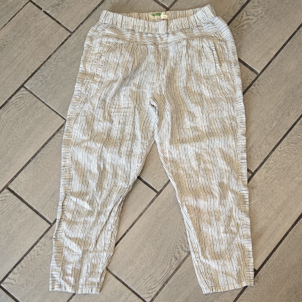Anthropologie 100% Linen‎ Striped Jogger Pants Cream Navy Small OB780011